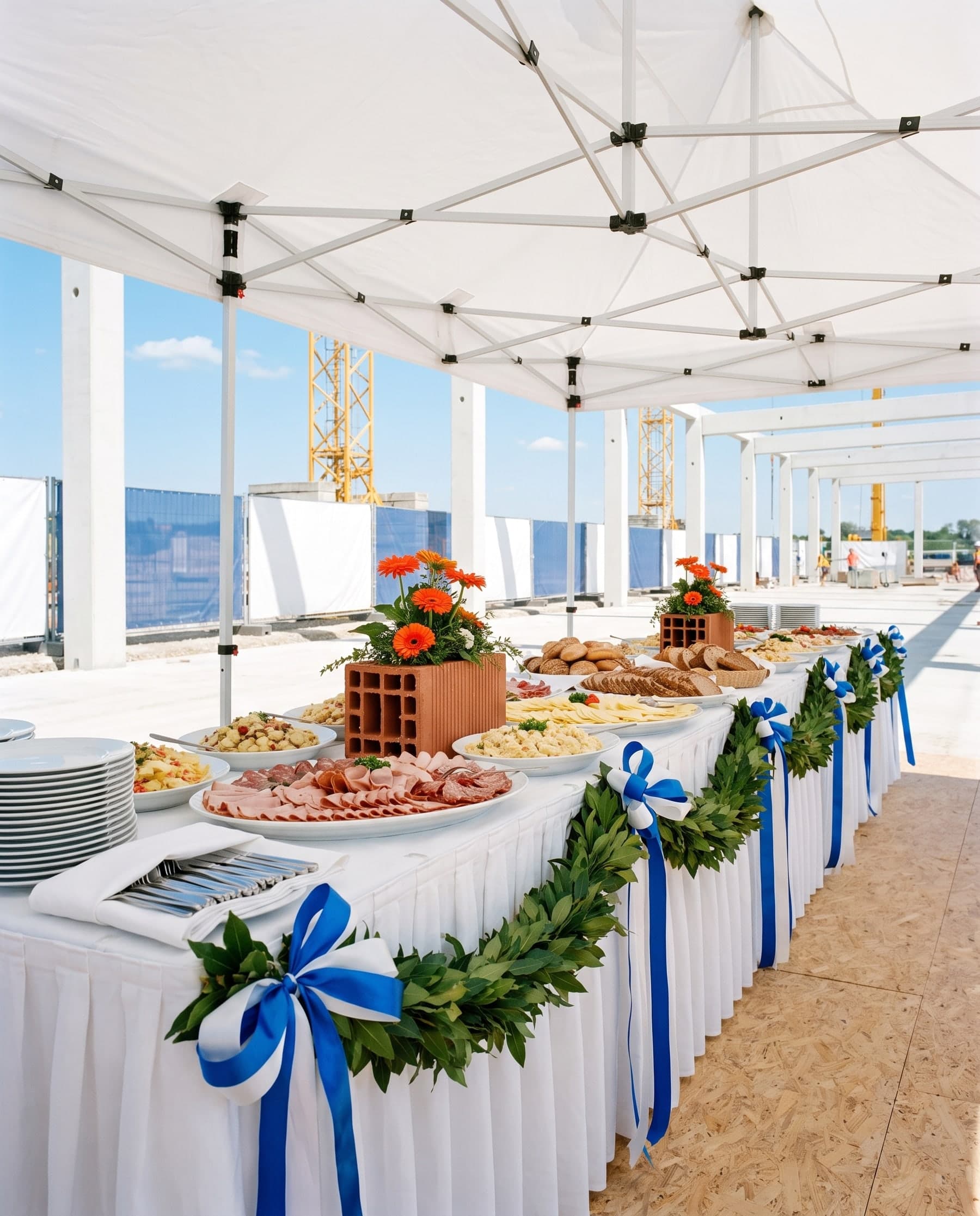 Buffet unter dem Festzelt mit weißer Decke, Platten und Gerbera im Lochziegel